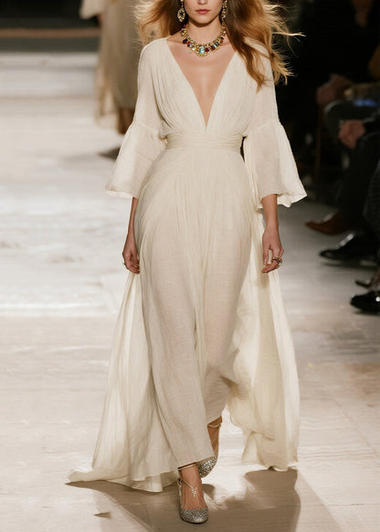 Deep V-Neck Bell Sleeve Pleated Waist Back Cape Crinkle Gauze Maxi Gown