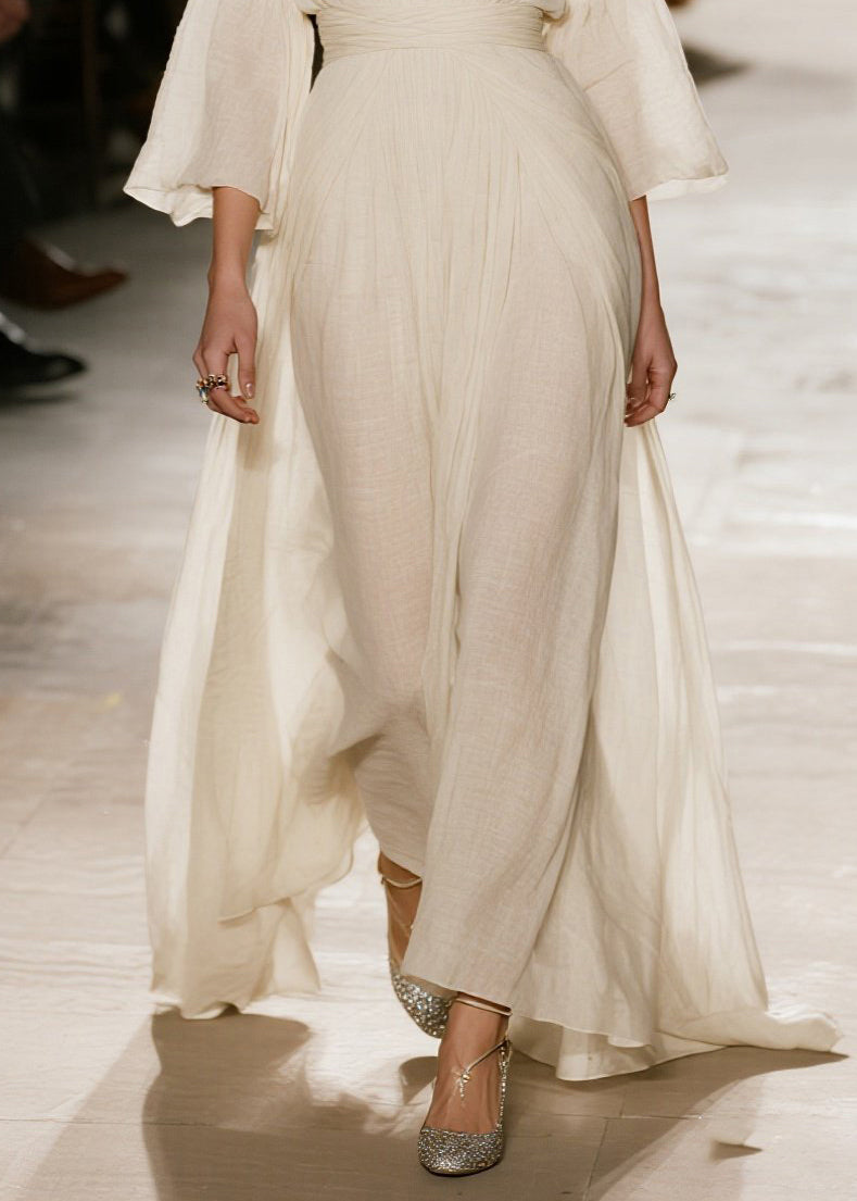Deep V-Neck Bell Sleeve Pleated Waist Back Cape Crinkle Gauze Maxi Gown