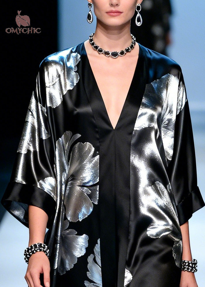 Deep V-Neck Kimono Sleeve Metallic Floral Handkerchief Hem Pleated Maxi Gown