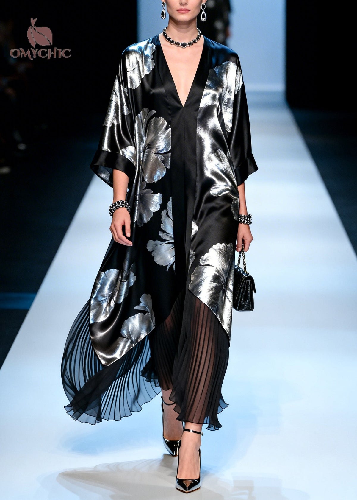 Deep V-Neck Kimono Sleeve Metallic Floral Handkerchief Hem Pleated Maxi Gown