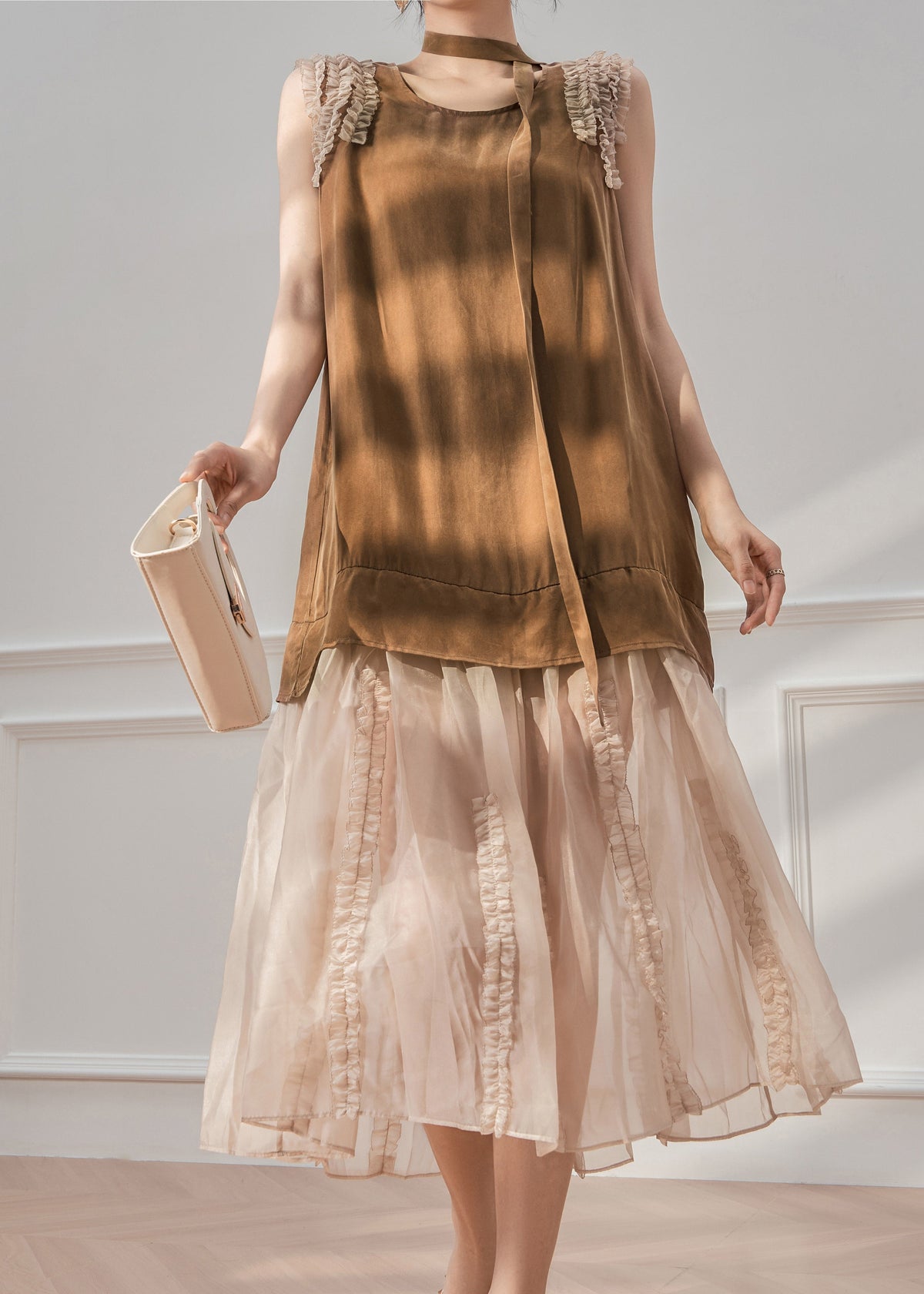 Round Neck Ruffle Shoulder Satin Tunic Tiered Tulle Maxi Dress