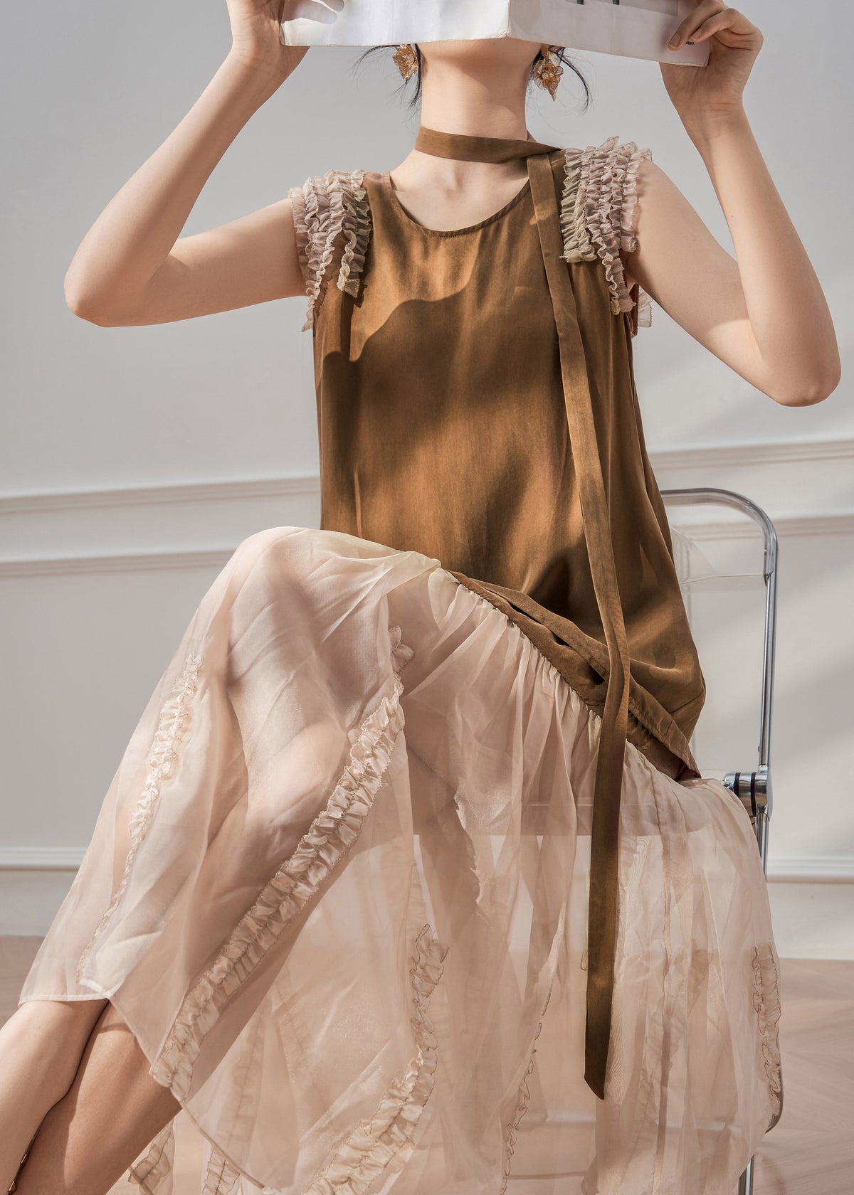 Round Neck Ruffle Shoulder Satin Tunic Tiered Tulle Maxi Dress