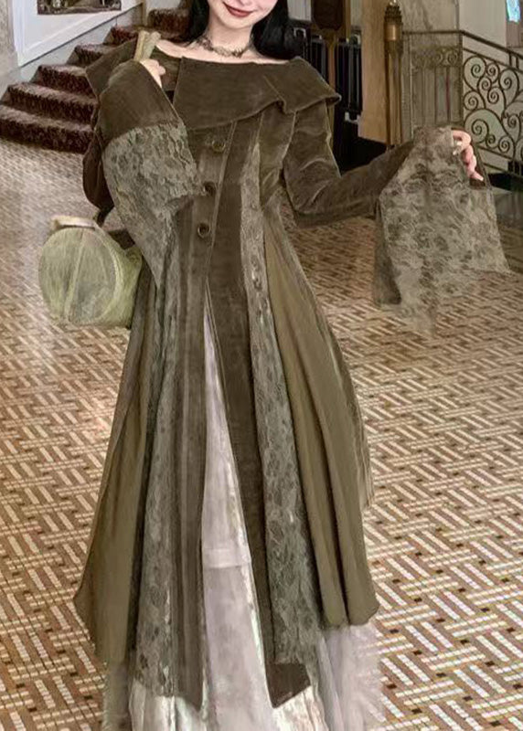 Asymmetric Collar Button Front Wide Lace Cuff Layered Long Gown