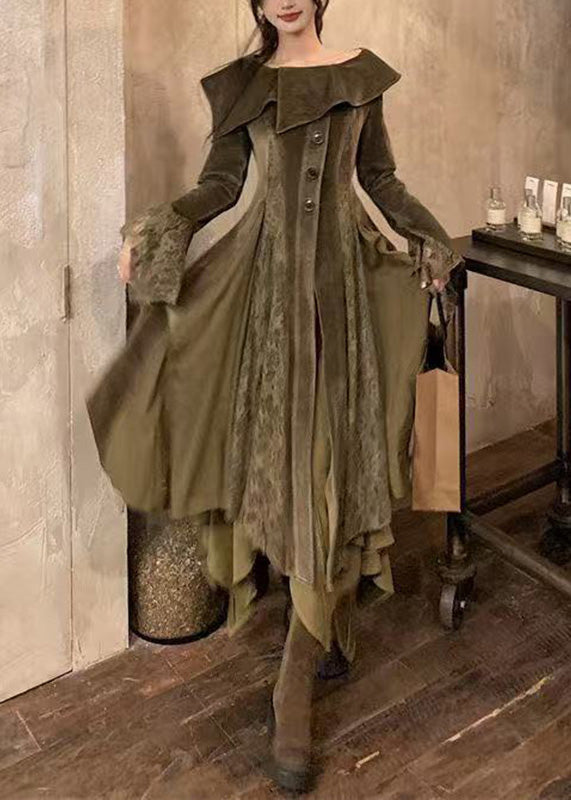 Asymmetric Collar Button Front Wide Lace Cuff Layered Long Gown