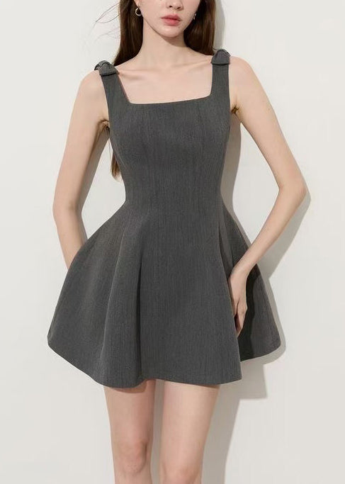 Square Neck Shoulder Bow Box Pleat Princess Seam Skater Mini Dress