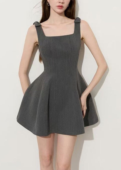 Square Neck Shoulder Bow Box Pleat Princess Seam Skater Mini Dress
