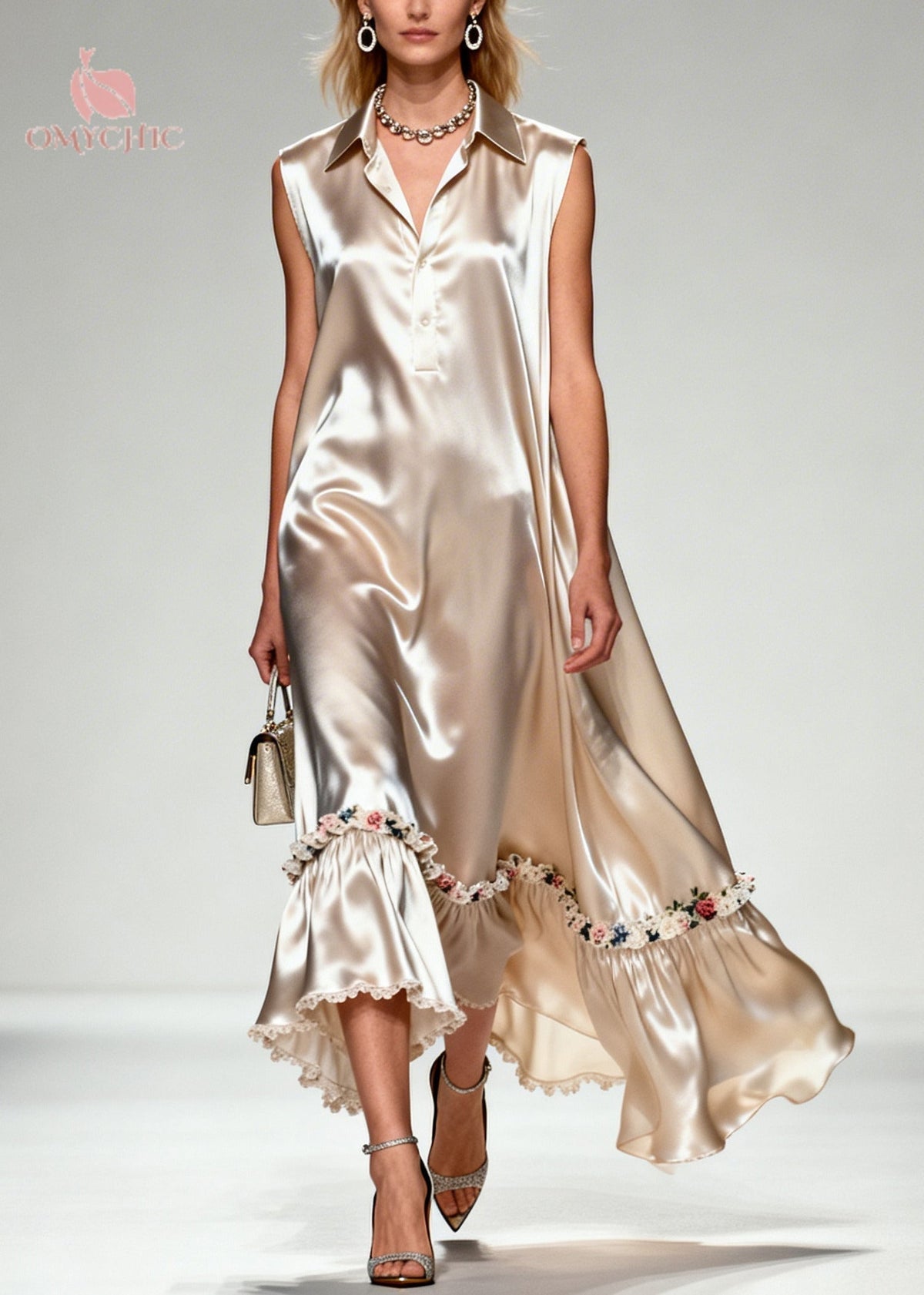 Pointed Collar Button Placket Ruffle Hem Floral Embroidery Maxi Dress