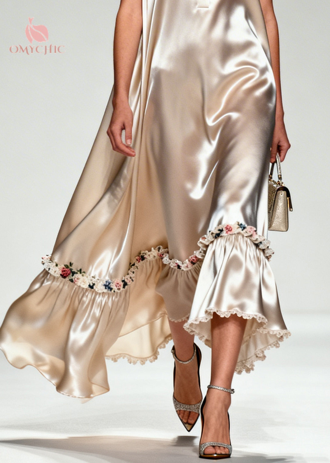 Pointed Collar Button Placket Ruffle Hem Floral Embroidery Maxi Dress