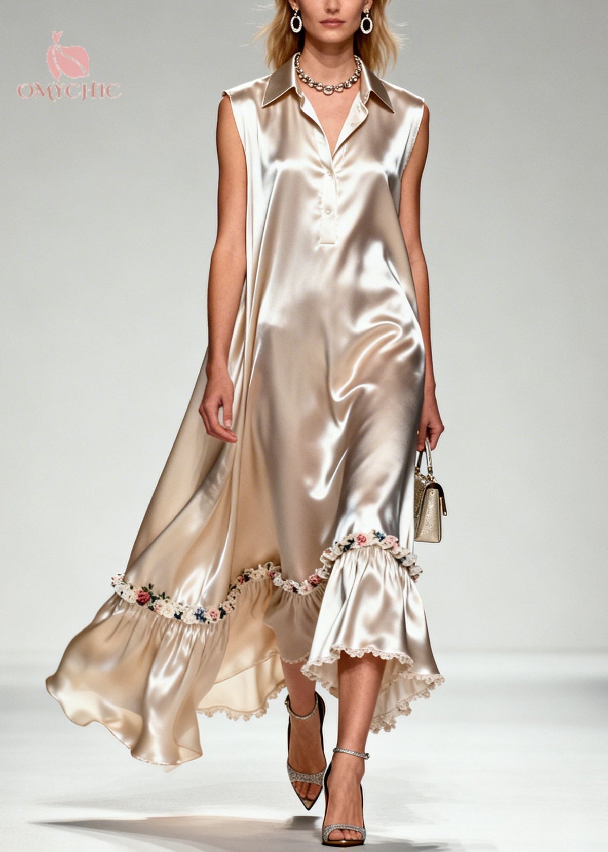 Pointed Collar Button Placket Ruffle Hem Floral Embroidery Maxi Dress