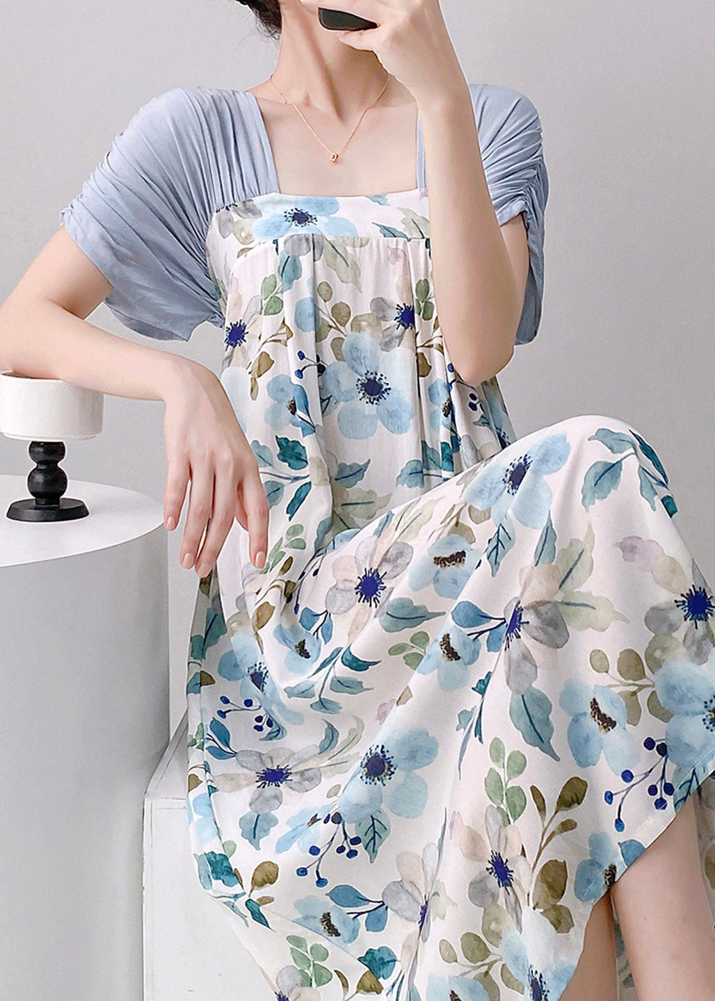 Square Neck Empire Gathered Floral Watercolor Puff Sleeve Maxi Dress