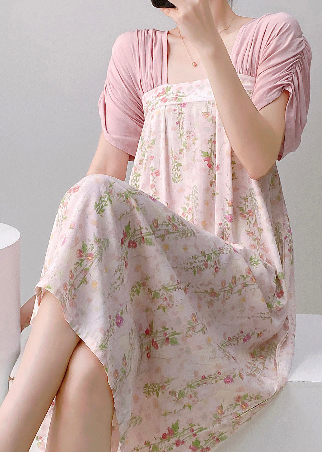 Square Neck Empire Gathered Floral Watercolor Puff Sleeve Maxi Dress