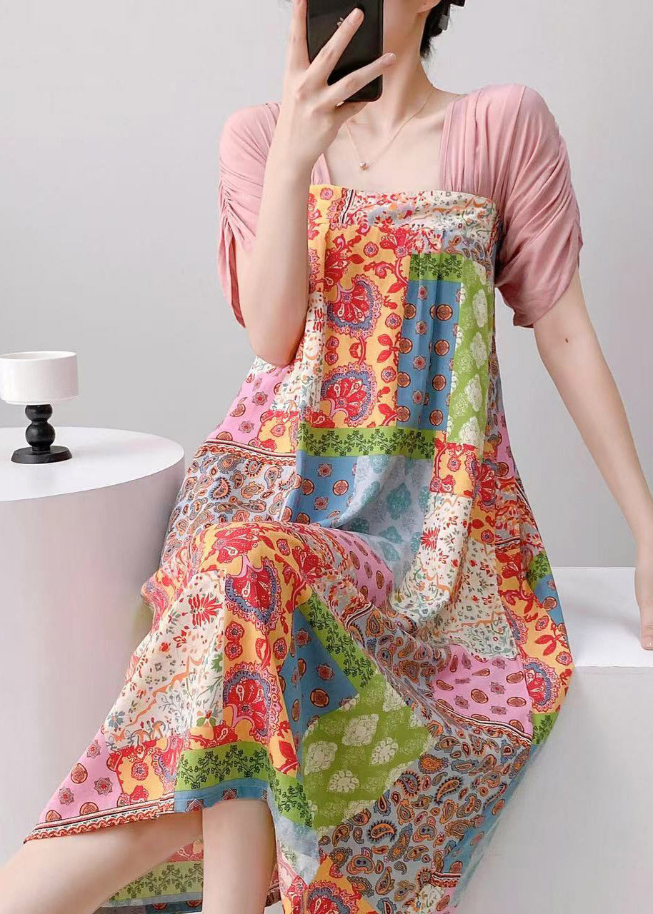 Square Neck Empire Gathered Floral Watercolor Puff Sleeve Maxi Dress