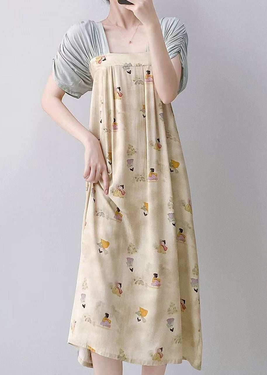 Square Neck Empire Gathered Floral Watercolor Puff Sleeve Maxi Dress