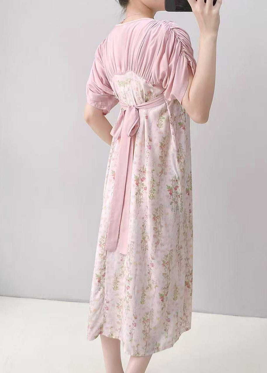 Square Neck Empire Gathered Floral Watercolor Puff Sleeve Maxi Dress