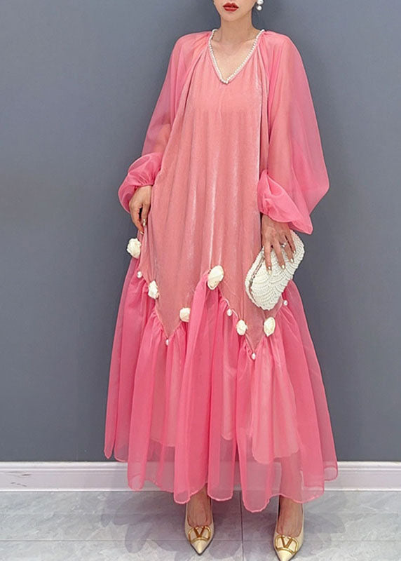 Pearl Trim Deep V Chiffon Balloon Sleeve Tiered Ruffle Maxi Dress