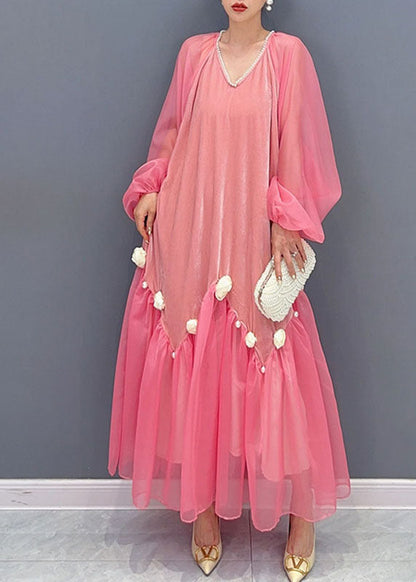 Pearl Trim Deep V Chiffon Balloon Sleeve Tiered Ruffle Maxi Dress