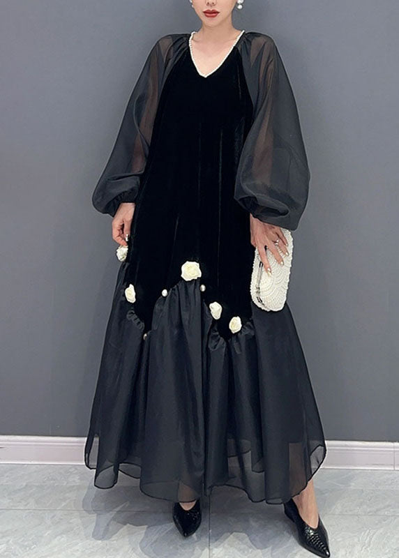 Pearl Trim Deep V Chiffon Balloon Sleeve Tiered Ruffle Maxi Dress