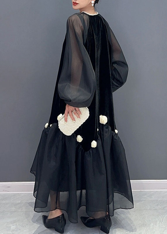 Pearl Trim Deep V Chiffon Balloon Sleeve Tiered Ruffle Maxi Dress