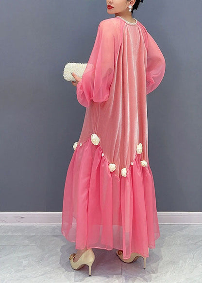 Pearl Trim Deep V Chiffon Balloon Sleeve Tiered Ruffle Maxi Dress