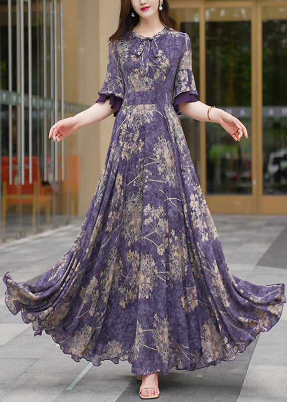 Round Neck Print Patchwork High Waist Chiffon Maxi Dress