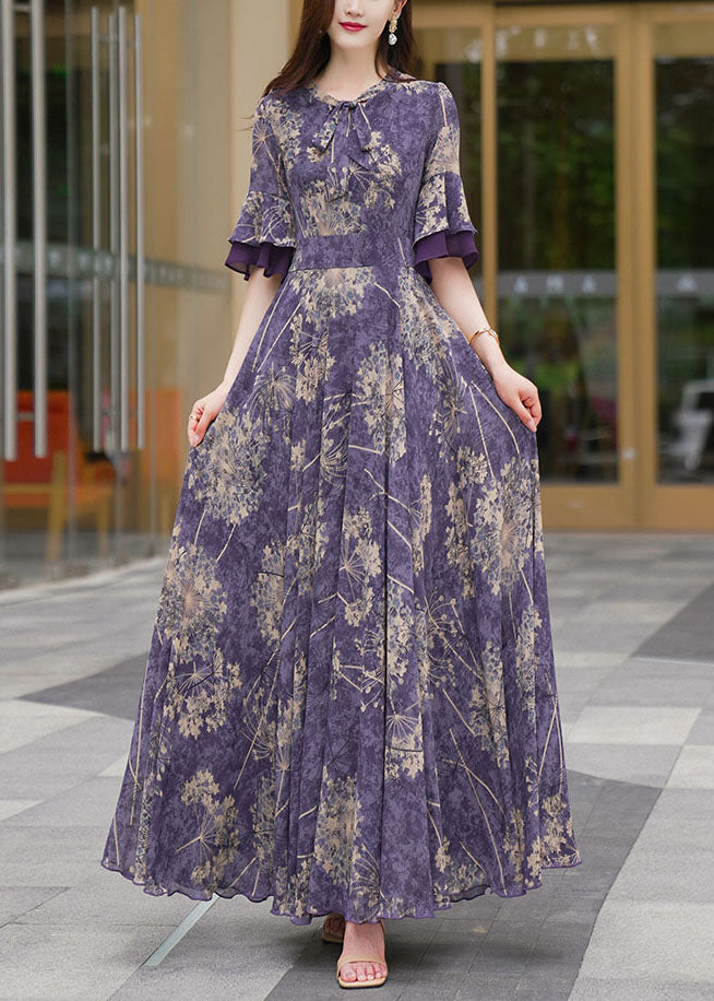 Round Neck Print Patchwork High Waist Chiffon Maxi Dress