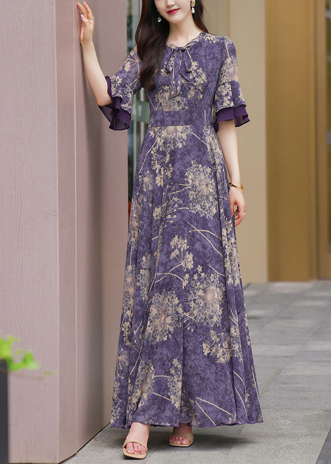 Round Neck Print Patchwork High Waist Chiffon Maxi Dress