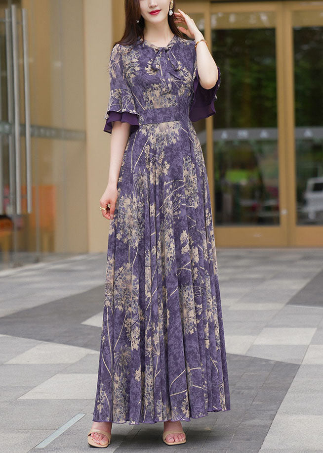 Round Neck Print Patchwork High Waist Chiffon Maxi Dress