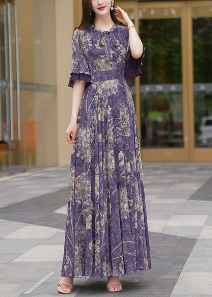 Round Neck Print Patchwork High Waist Chiffon Maxi Dress