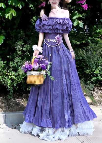 Off Shoulder Ruffle Bodice Flower Applique Chain Belt Tiered Petticoat Hem Maxi Dress