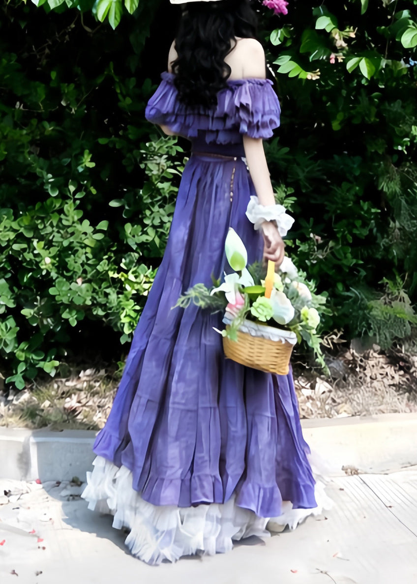 Off Shoulder Ruffle Bodice Flower Applique Chain Belt Tiered Petticoat Hem Maxi Dress