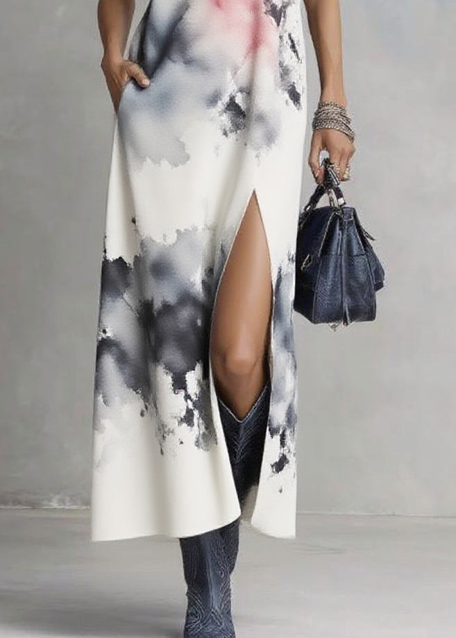 Sleeveless V-Neck Abstract Watercolor Print High-Slit Pocket Maxi Dress