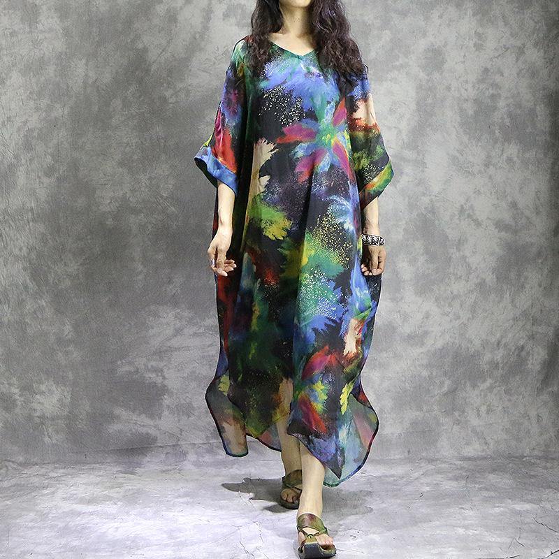 V Neck Kimono Sleeve Handkerchief Hem Abstract Print Kaftan Maxi Dress