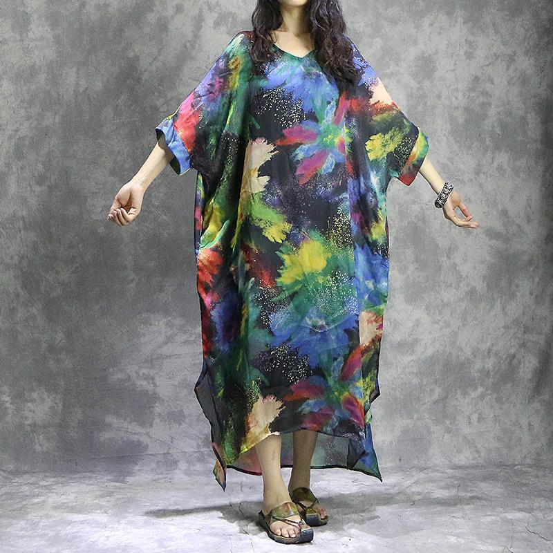 V Neck Kimono Sleeve Handkerchief Hem Abstract Print Kaftan Maxi Dress