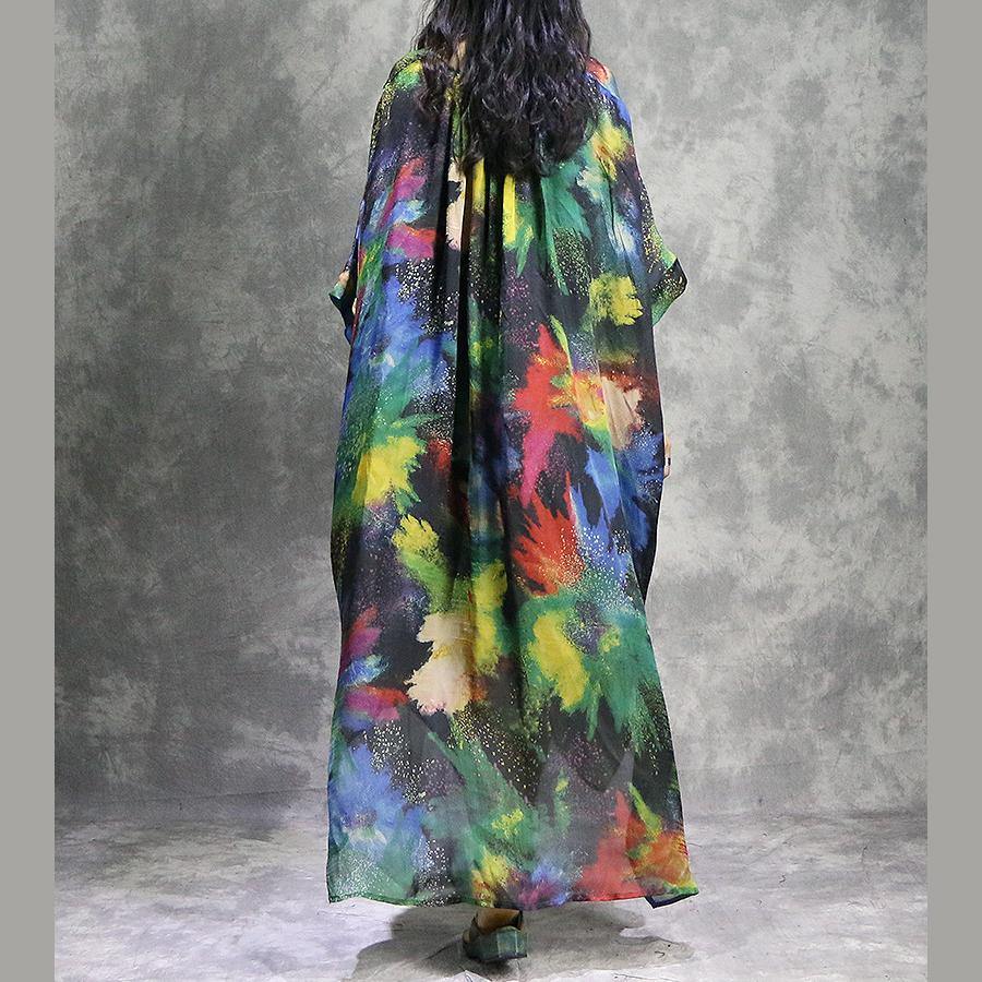 V Neck Kimono Sleeve Handkerchief Hem Abstract Print Kaftan Maxi Dress