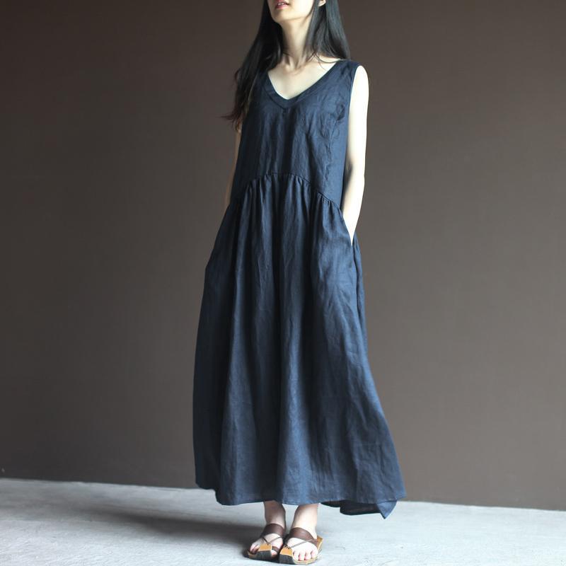Deep V Neck Sleeveless Empire Waist Pocket Side Gathered Linen Maxi Dress