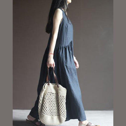 Deep V Neck Sleeveless Empire Waist Pocket Side Gathered Linen Maxi Dress