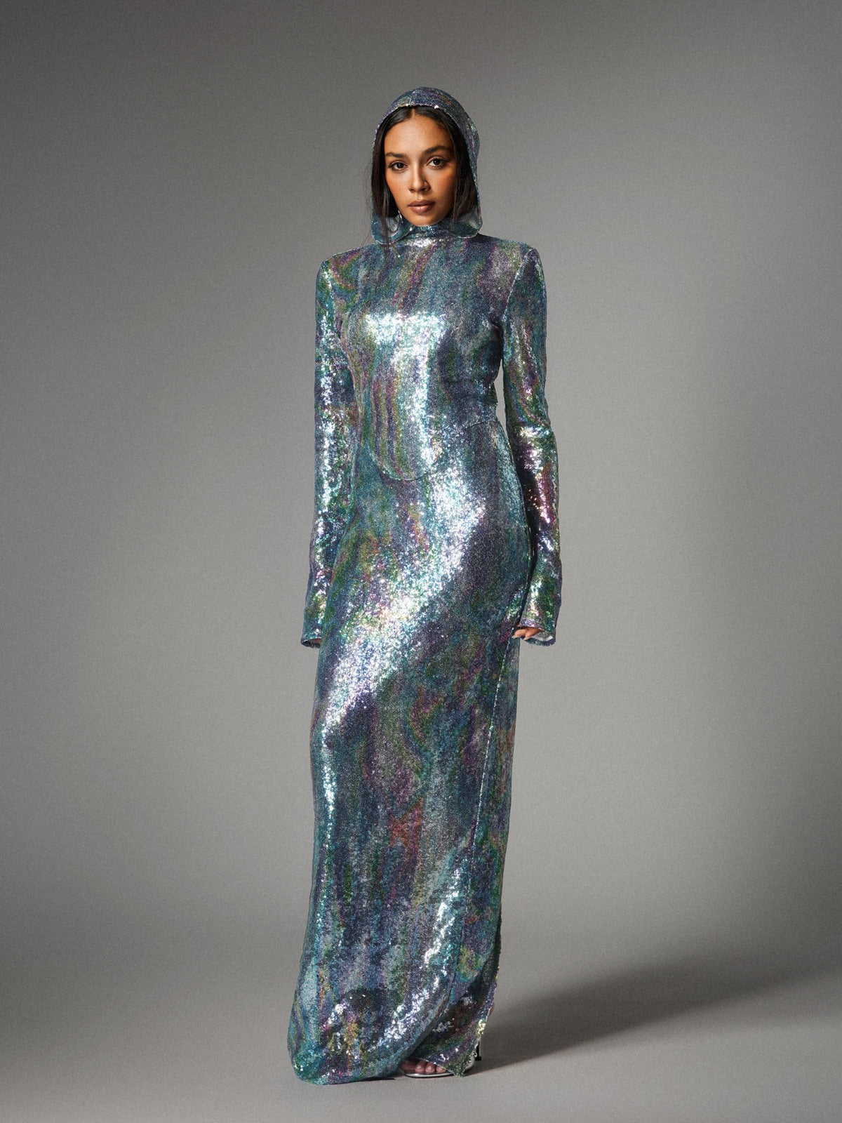 Hooded Turtleneck Sequin Long Sleeve High Slit Column Maxi Gown