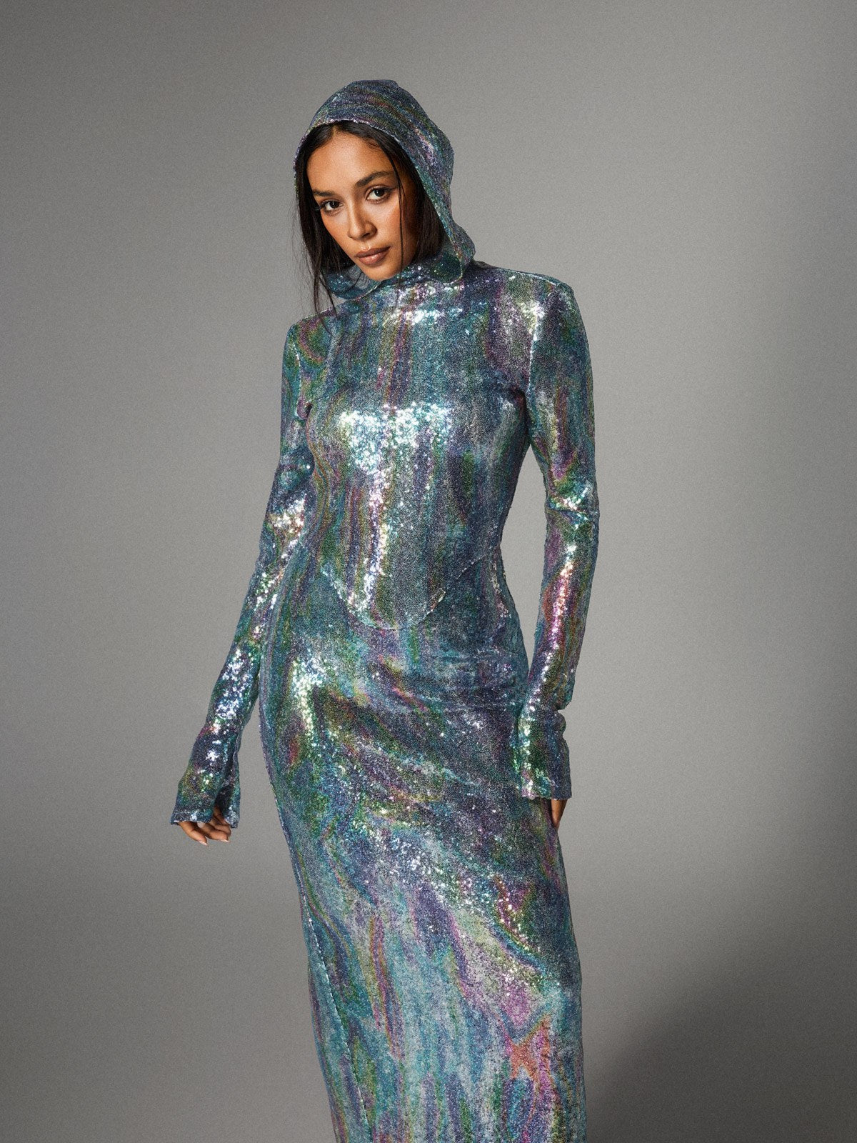 Hooded Turtleneck Sequin Long Sleeve High Slit Column Maxi Gown