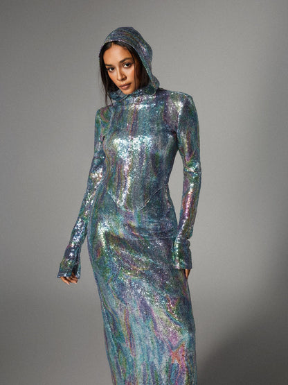 Hooded Turtleneck Sequin Long Sleeve High Slit Column Maxi Gown