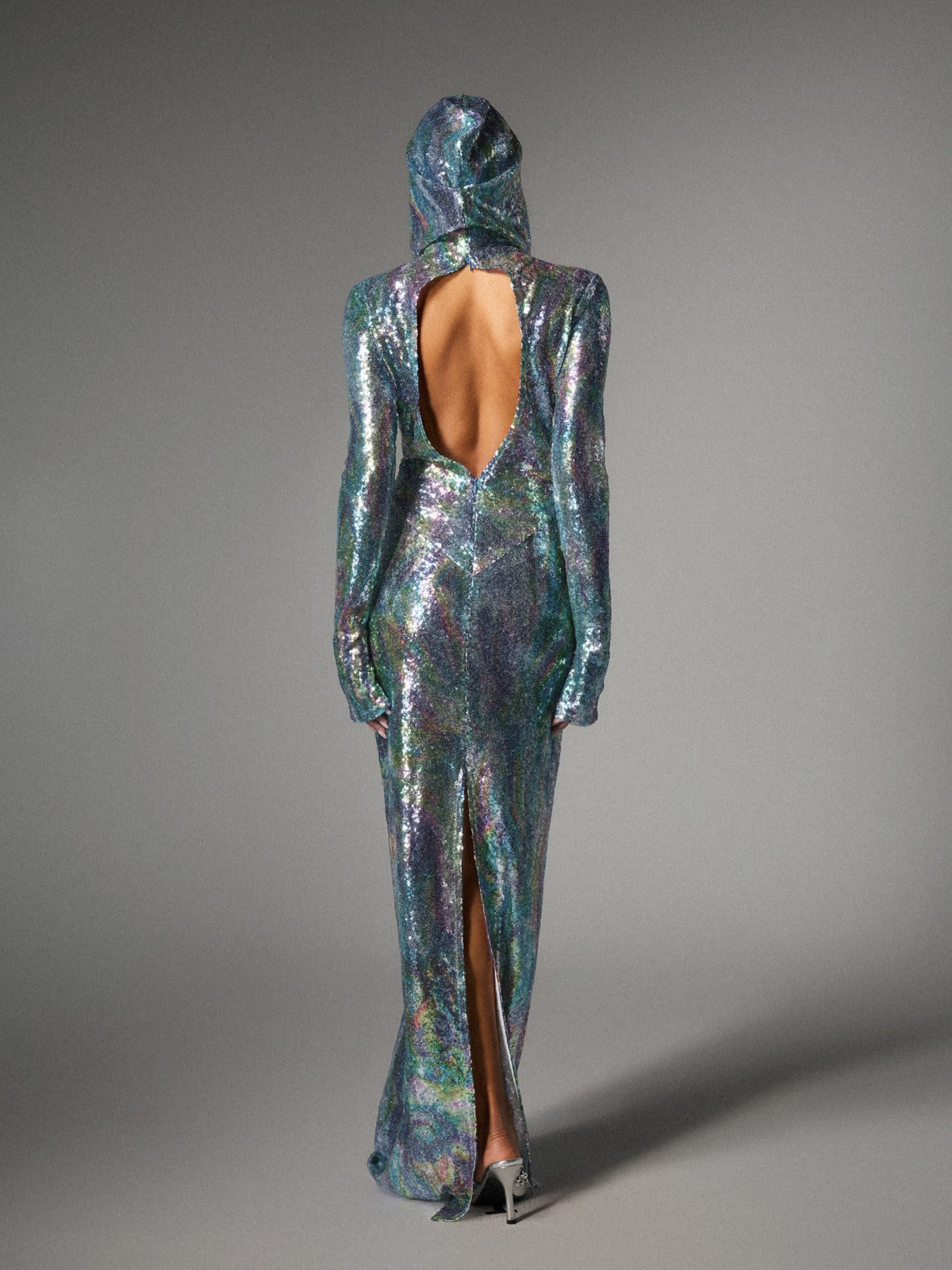 Hooded Turtleneck Sequin Long Sleeve High Slit Column Maxi Gown
