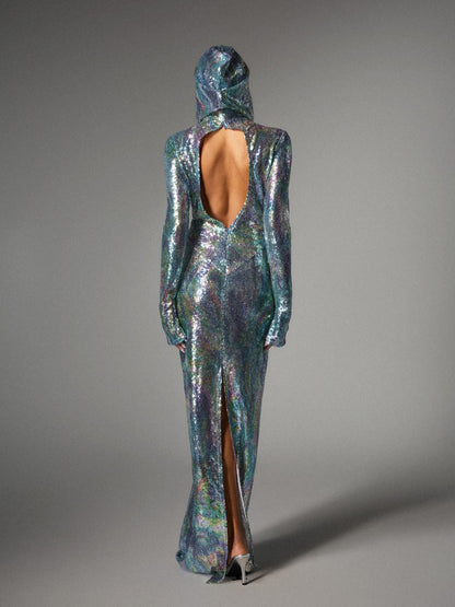 Hooded Turtleneck Sequin Long Sleeve High Slit Column Maxi Gown