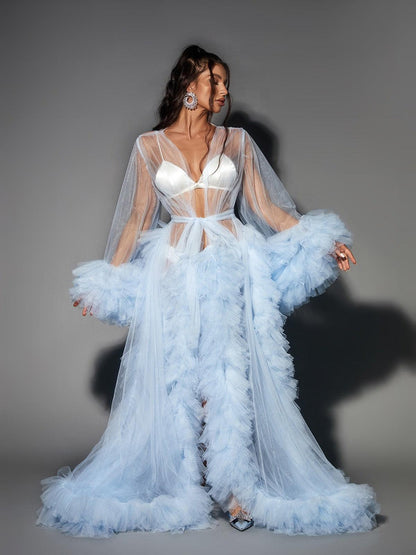 Long Sleeve Tiered Ruffle Tulle Robe Over Satin Two Piece Set