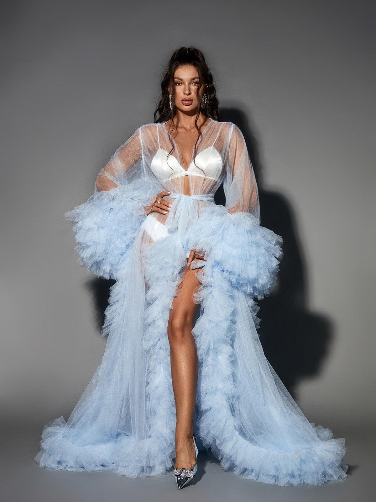 Long Sleeve Tiered Ruffle Tulle Robe Over Satin Two Piece Set