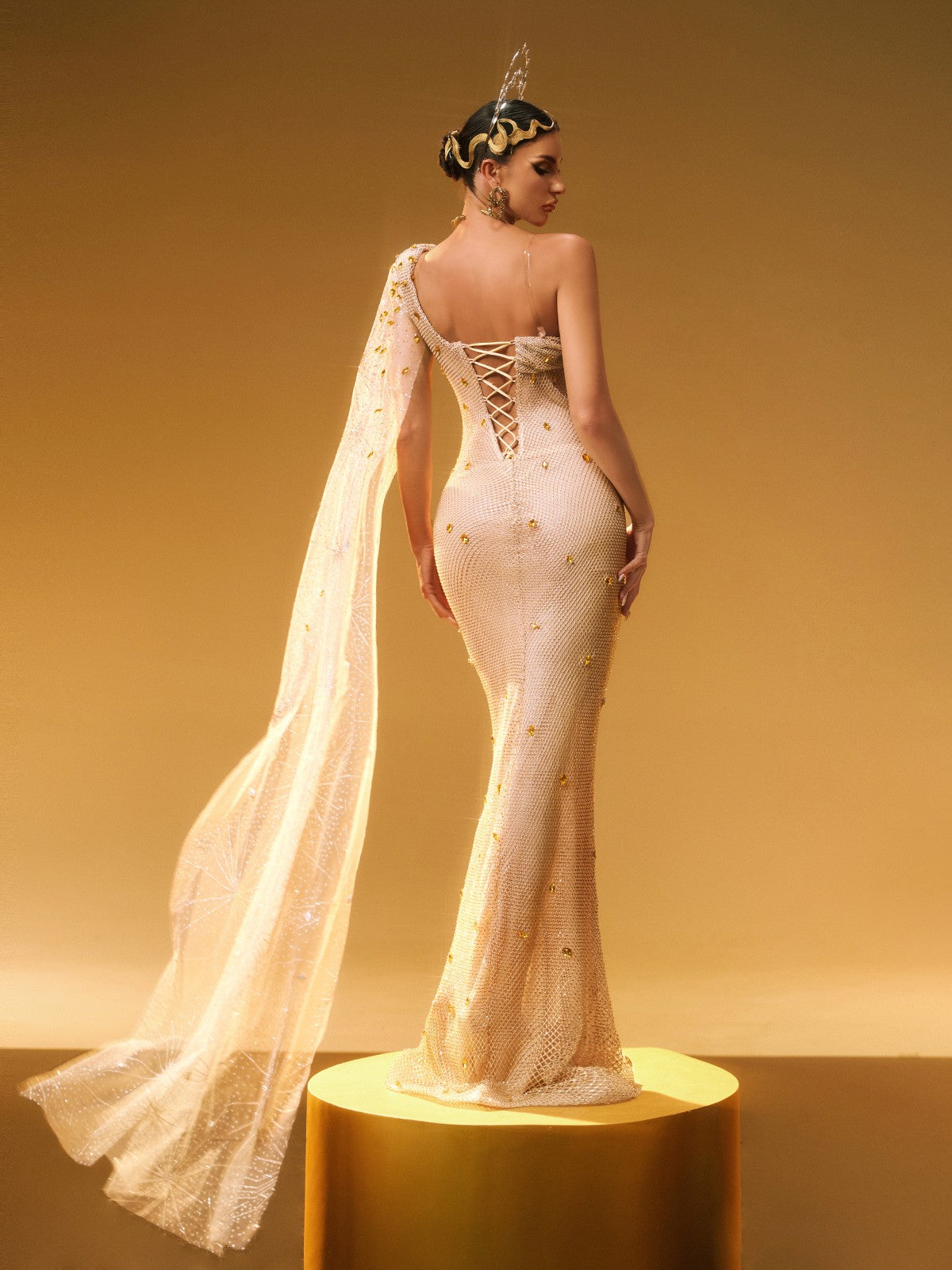 One Shoulder Floral Applique Sequin Mesh Cape Sleeve Mermaid Gown
