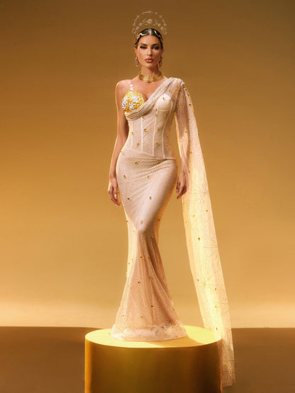 One Shoulder Floral Applique Sequin Mesh Cape Sleeve Mermaid Gown
