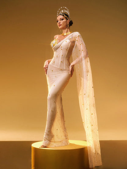 One Shoulder Floral Applique Sequin Mesh Cape Sleeve Mermaid Gown
