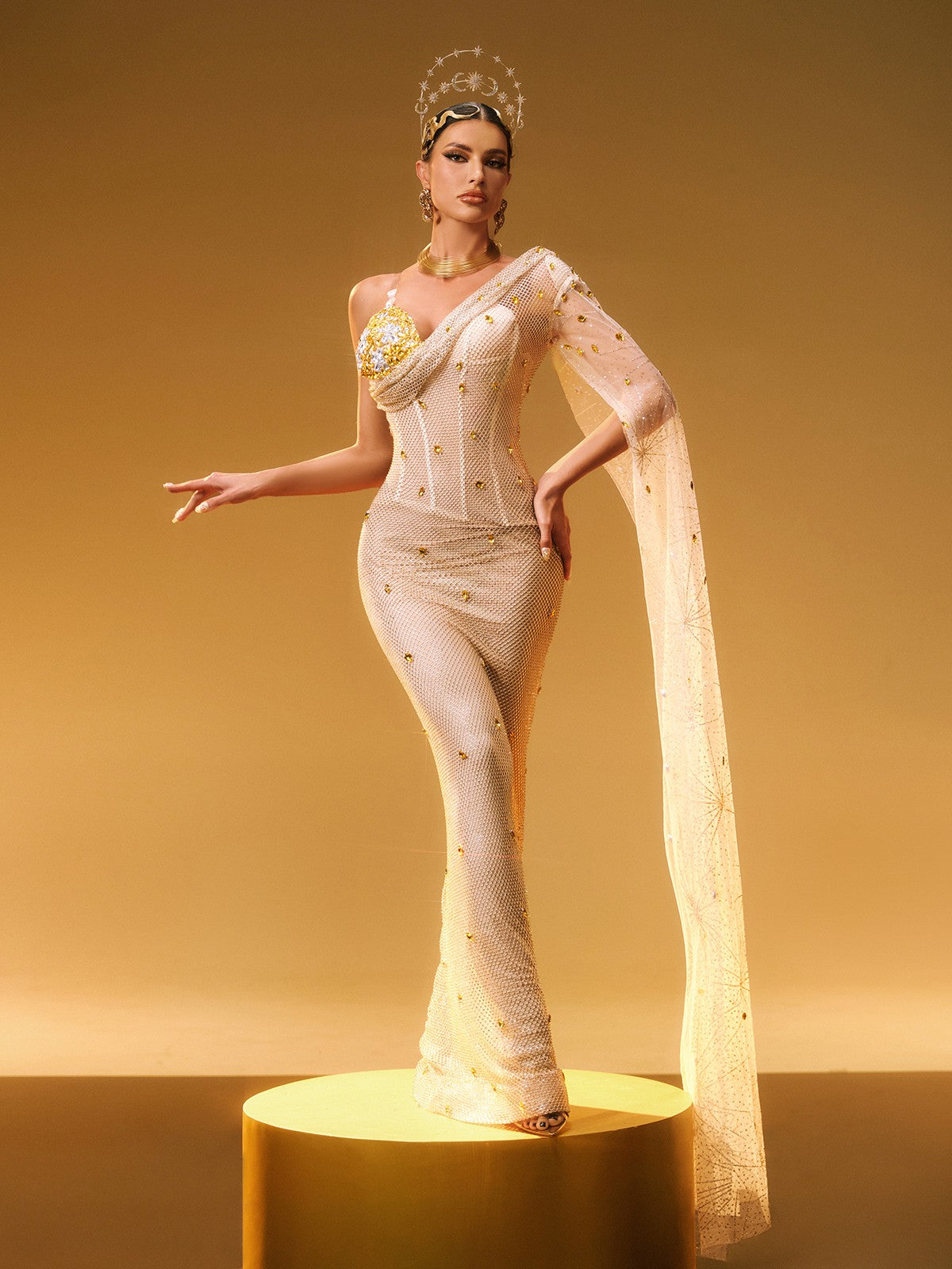 One Shoulder Floral Applique Sequin Mesh Cape Sleeve Mermaid Gown