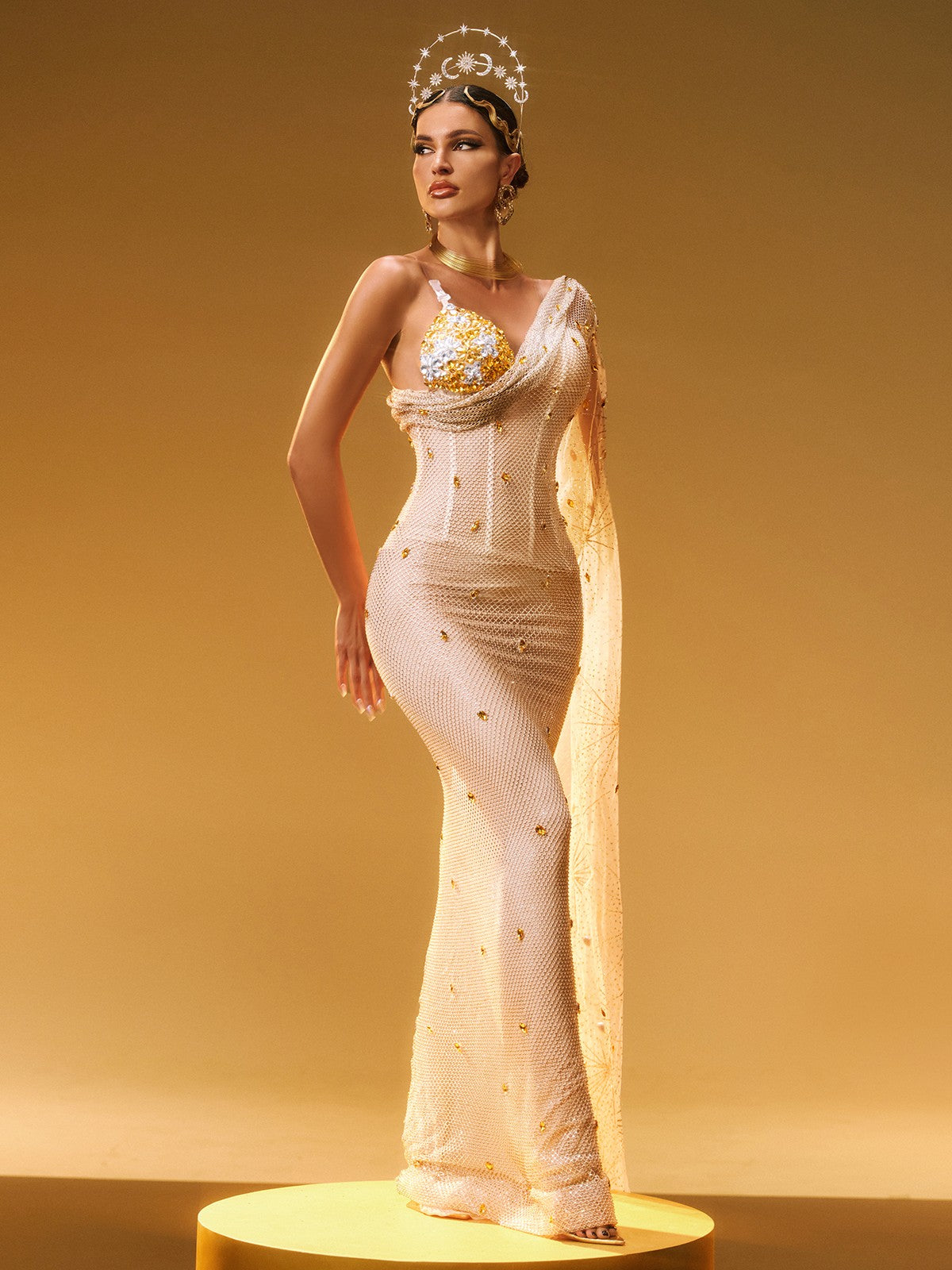 One Shoulder Floral Applique Sequin Mesh Cape Sleeve Mermaid Gown