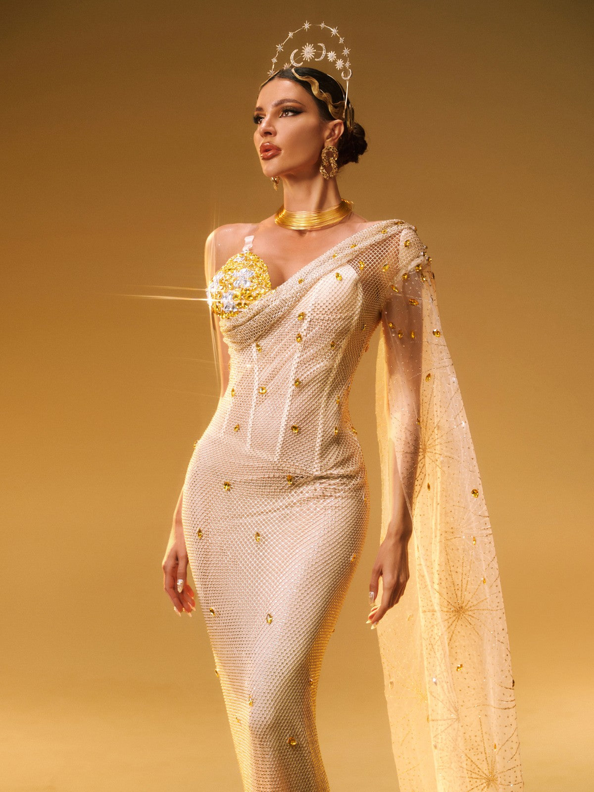 One Shoulder Floral Applique Sequin Mesh Cape Sleeve Mermaid Gown