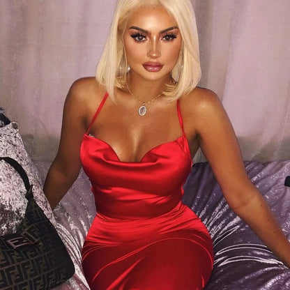 Satin Cowl Neck Spaghetti Strap Open Side Ruched Bodycon Midi Dress